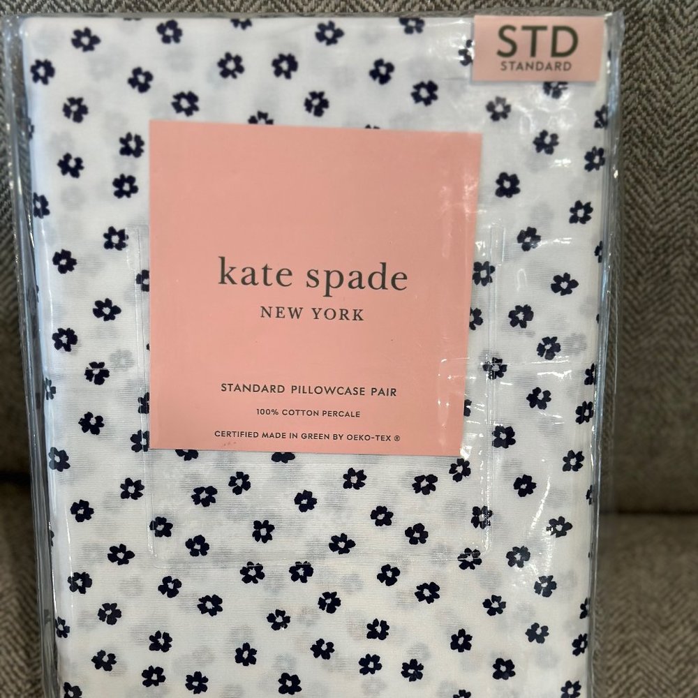 Kate Spade New York Standard Pillowcase Pair | Adorable Navy Flowers on White